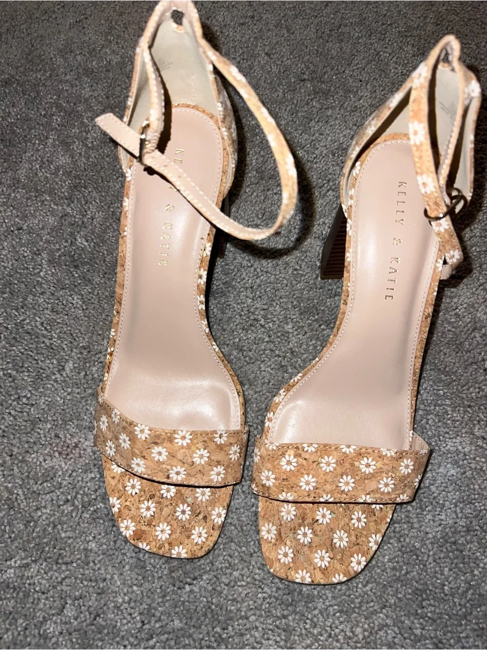 Kelly & Katie Tan Floral Ankle Strap Block Heel Sandals - Picture 2 of 6
